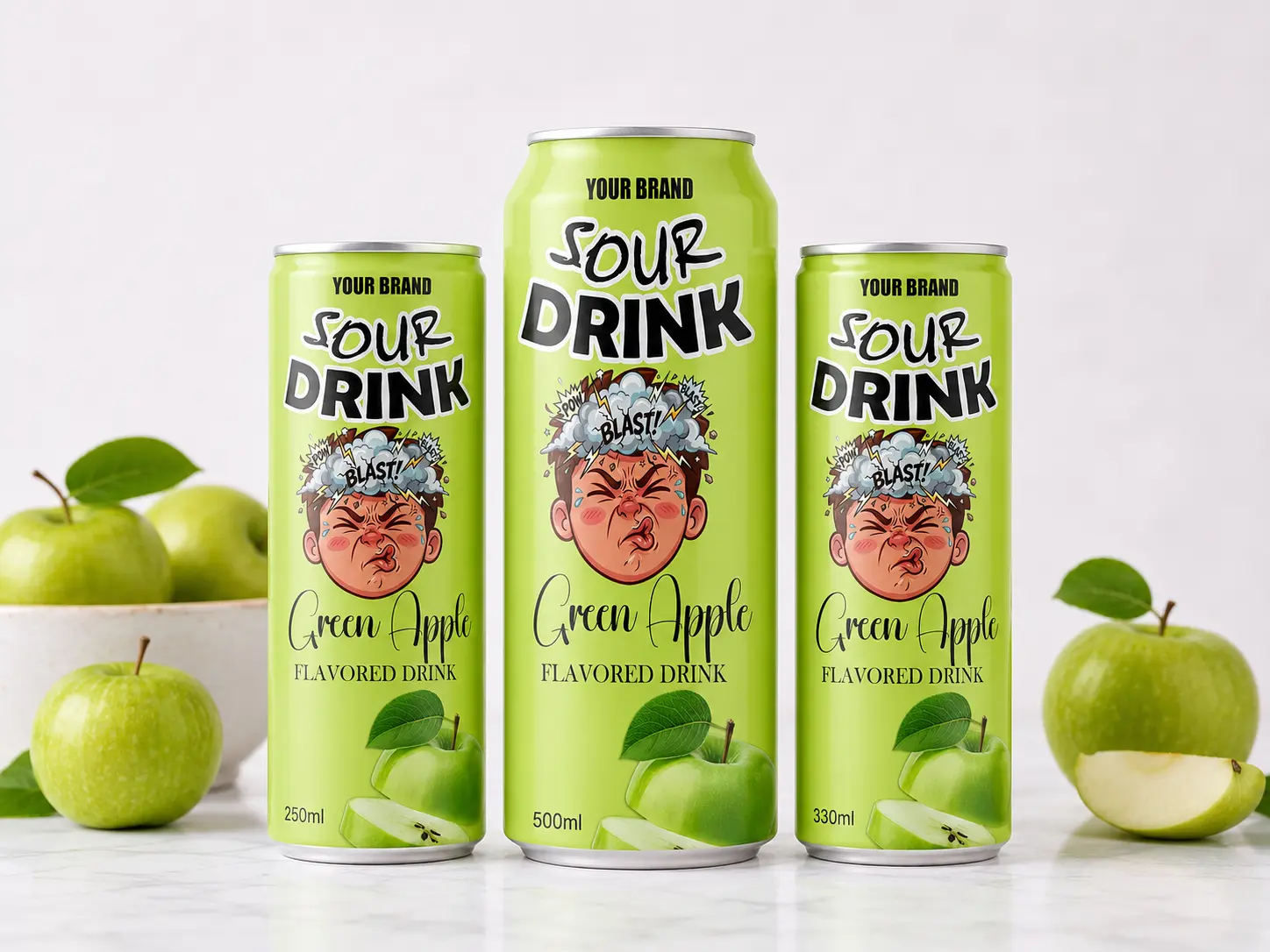 SOUR DRINK Green Apple Flavored Drink in 250ml, 500ml, and 330ml cans.